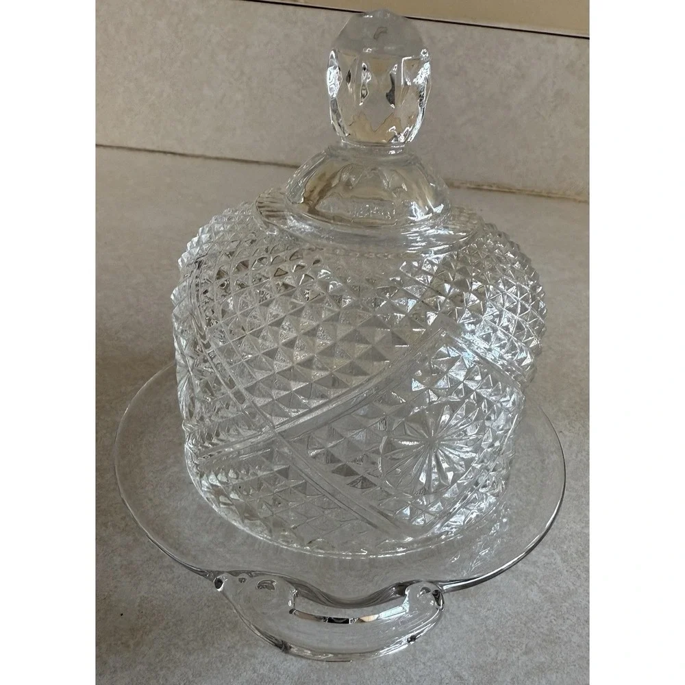 Vintage Cheese Butter Dish Round Clear Glass Plate With Cut Glass Dome Cover‎